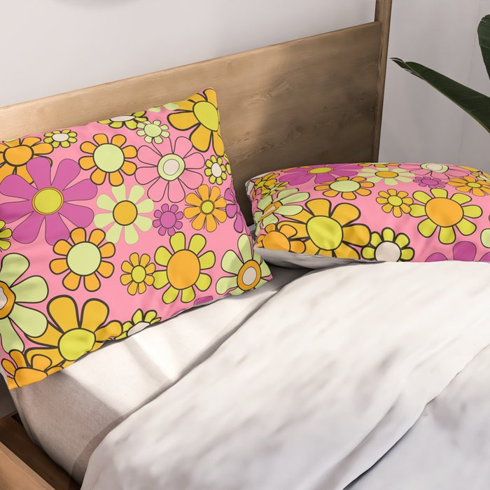 Groovy Floral Retro Garden 60s 70s Flower Pattern Pink Orange Yellow Pillow Sham Gallery Image 2