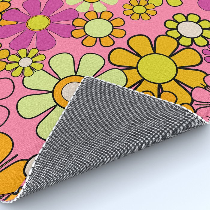 Groovy Floral Retro Garden 60s 70s Flower Pattern Pink Orange Yellow Rug Gallery Image 4