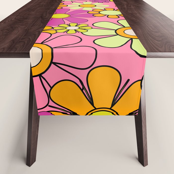 Groovy Floral Retro Garden 60s 70s Flower Pattern Pink Orange Yellow Table Runner Gallery Image 1