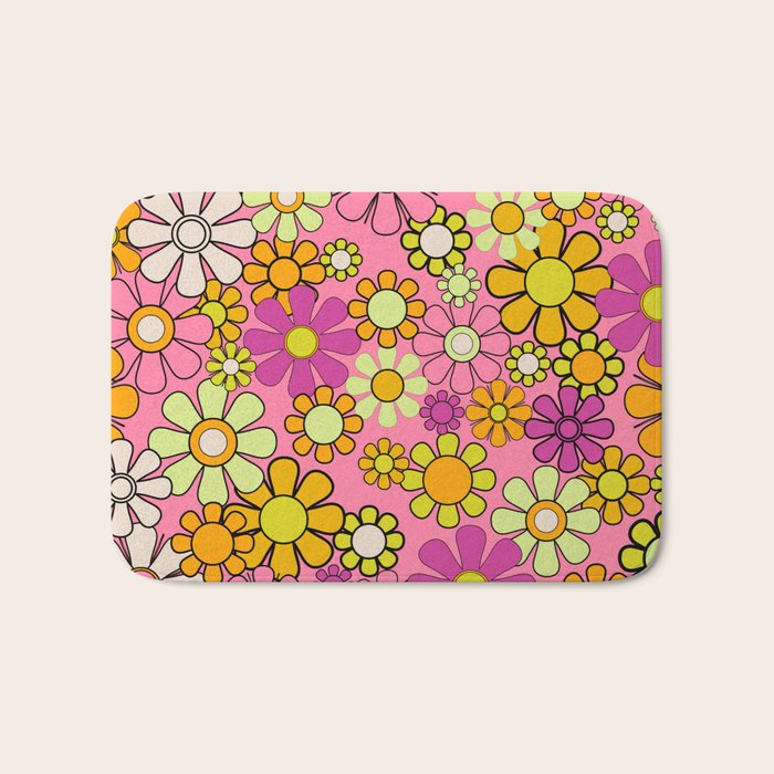 Groovy Floral Retro Garden 60s 70s Flower Pattern Pink Orange Yellow Bath Mat Gallery Image 1