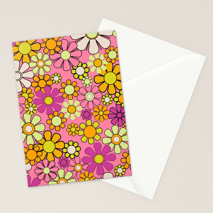 Groovy Floral Retro Garden 60s 70s Flower Pattern Pink Orange Yellow Stationery Card Gallery Image 2