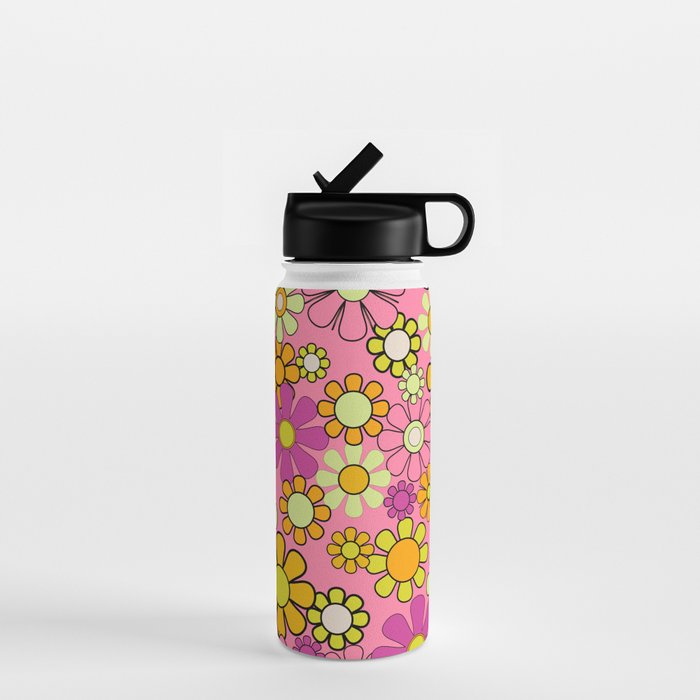 Groovy Floral Retro Garden 60s 70s Flower Pattern Pink Orange Yellow Water Bottle Gallery Image 1