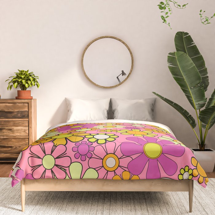 Groovy Floral Retro Garden 60s 70s Flower Pattern Pink Orange Yellow Comforter Gallery Image 3