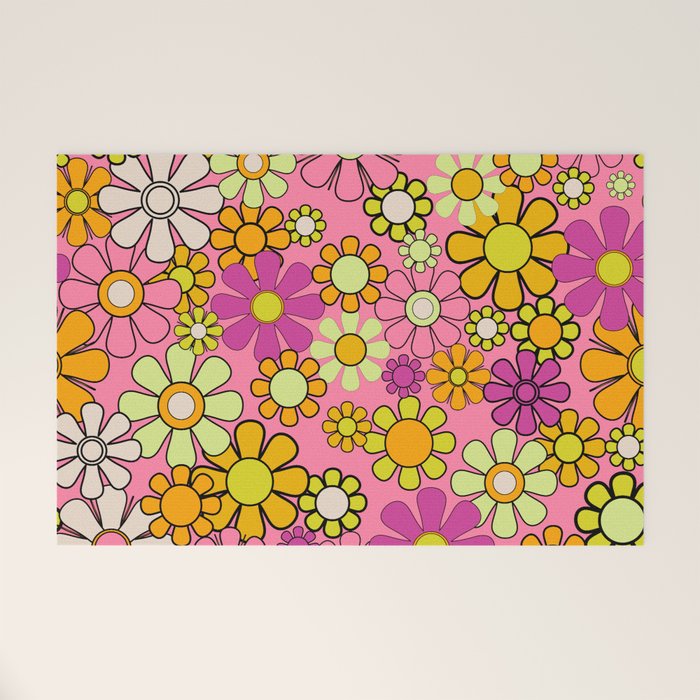 Groovy Floral Retro Garden 60s 70s Flower Pattern Pink Orange Yellow Welcome Mat Gallery Image 1