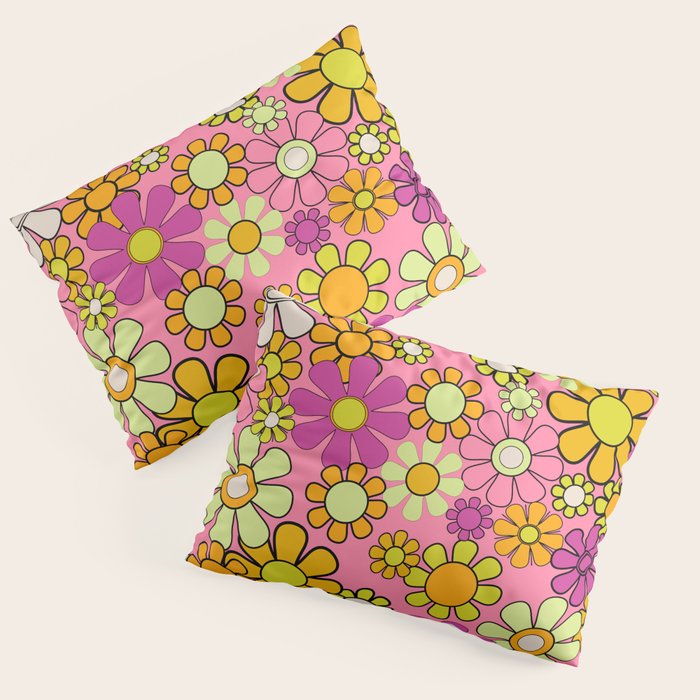 Groovy Floral Retro Garden 60s 70s Flower Pattern Pink Orange Yellow Pillow Sham Gallery Image 3