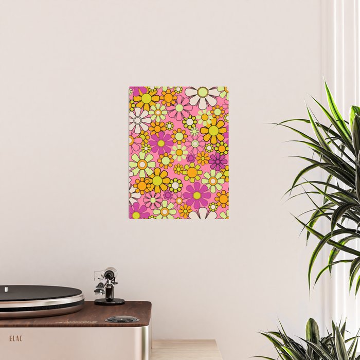 Groovy Floral Retro Garden 60s 70s Flower Pattern Pink Orange Yellow Poster Gallery Image 2