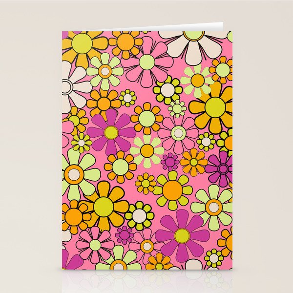 Groovy Floral Retro Garden 60s 70s Flower Pattern Pink Orange Yellow Stationery Card Gallery Image 1