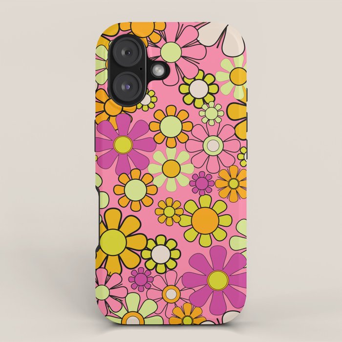Groovy Floral Retro Garden 60s 70s Flower Pattern Pink Orange Yellow iPhone Case Gallery Image 1