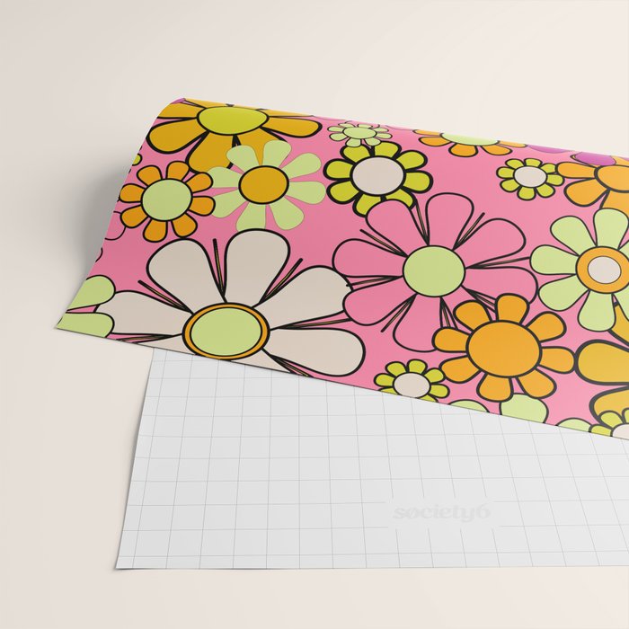 Groovy Floral Retro Garden 60s 70s Flower Pattern Pink Orange Yellow Wrapping Paper Gallery Image 2