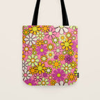 Groovy Floral Retro Garden 60s 70s Flower Pattern Pink Orange Yellow Tote Bag Gallery Image 1