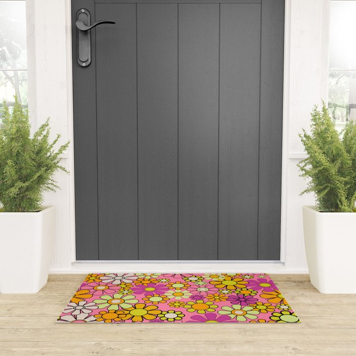Groovy Floral Retro Garden 60s 70s Flower Pattern Pink Orange Yellow Welcome Mat Gallery Image 3