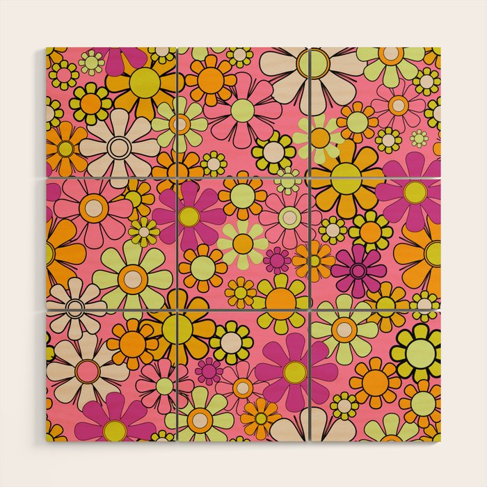 Groovy Floral Retro Garden 60s 70s Flower Pattern Pink Orange Yellow Wood Wall Art Gallery Image 1
