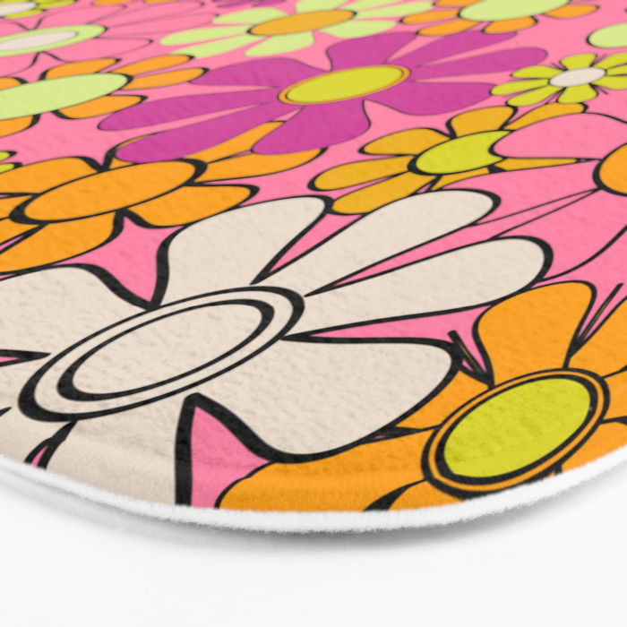 Groovy Floral Retro Garden 60s 70s Flower Pattern Pink Orange Yellow Bath Mat Gallery Image 3