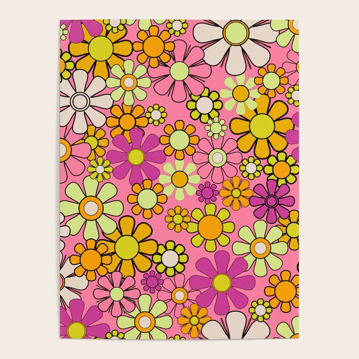 Groovy Floral Retro Garden 60s 70s Flower Pattern Pink Orange Yellow Poster Gallery Image 4