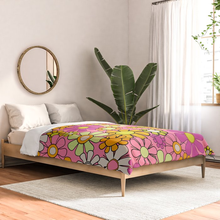 Groovy Floral Retro Garden 60s 70s Flower Pattern Pink Orange Yellow Comforter Gallery Image 2