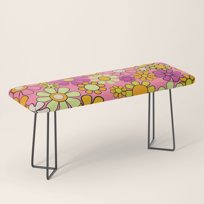 Groovy Floral Retro Garden 60s 70s Flower Pattern Pink Orange Yellow Bench Gallery Image 1