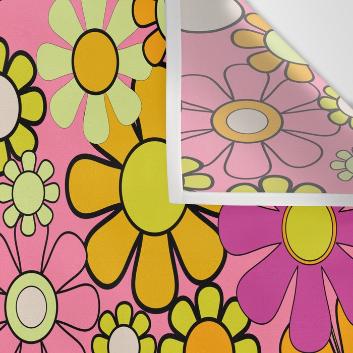 Groovy Floral Retro Garden 60s 70s Flower Pattern Pink Orange Yellow Wall Tapestry Gallery Image 3