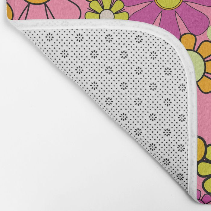 Groovy Floral Retro Garden 60s 70s Flower Pattern Pink Orange Yellow Bath Mat Gallery Image 2