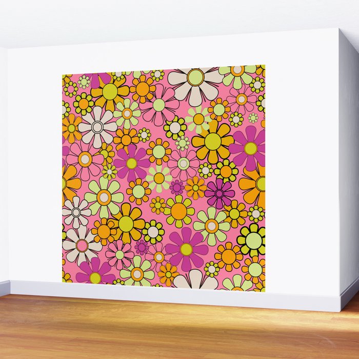 Groovy Floral Retro Garden 60s 70s Flower Pattern Pink Orange Yellow Wall Mural Gallery Image 2