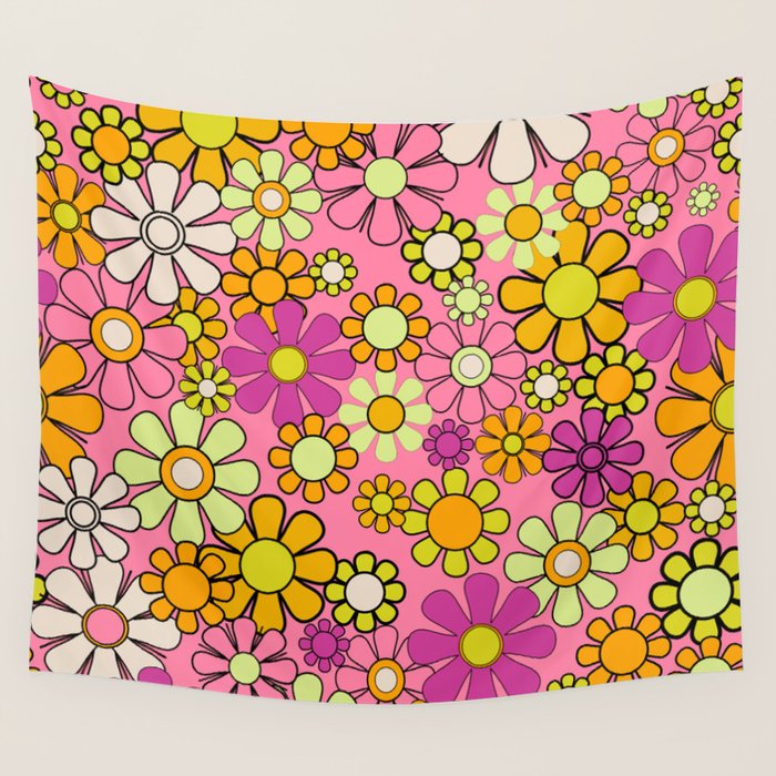 Groovy Floral Retro Garden 60s 70s Flower Pattern Pink Orange Yellow Wall Tapestry Gallery Image 1