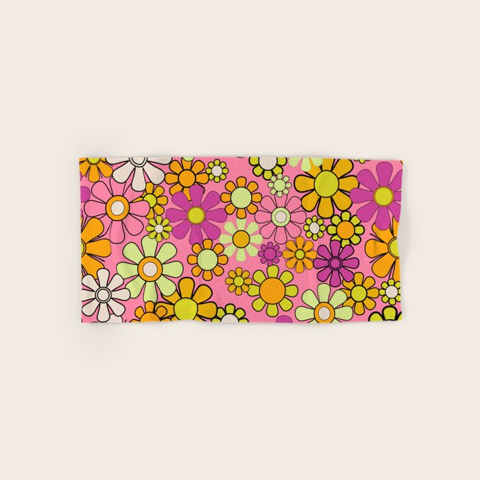 Groovy Floral Retro Garden 60s 70s Flower Pattern Pink Orange Yellow Bath Towel Gallery Image 1