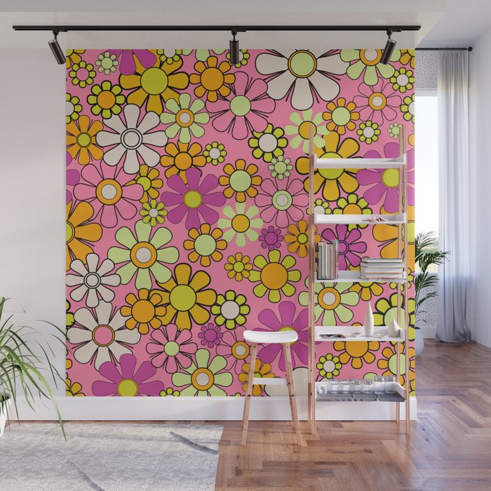 Groovy Floral Retro Garden 60s 70s Flower Pattern Pink Orange Yellow Wall Mural Gallery Image 1