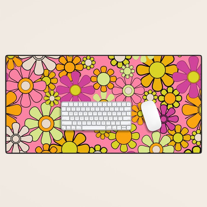 Groovy Floral Retro Garden 60s 70s Flower Pattern Pink Orange Yellow Desk Mat Gallery Image 1
