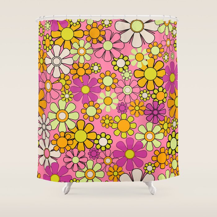 Groovy Floral Retro Garden 60s 70s Flower Pattern Pink Orange Yellow Shower Curtain Gallery Image 1