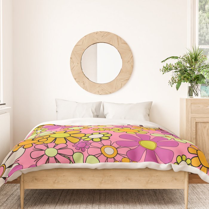 Groovy Floral Retro Garden 60s 70s Flower Pattern Pink Orange Yellow Duvet Cover Gallery Image 3