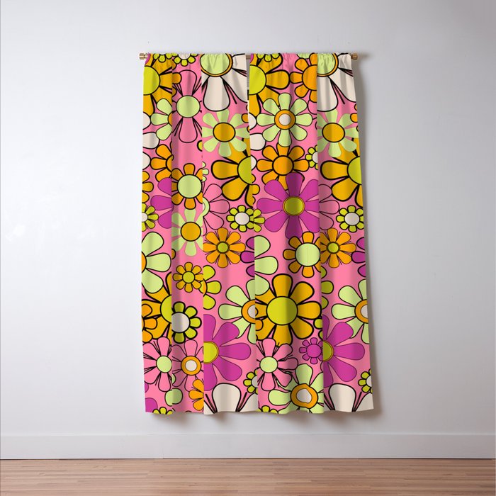 Groovy Floral Retro Garden 60s 70s Flower Pattern Pink Orange Yellow Window Curtain Gallery Image 3