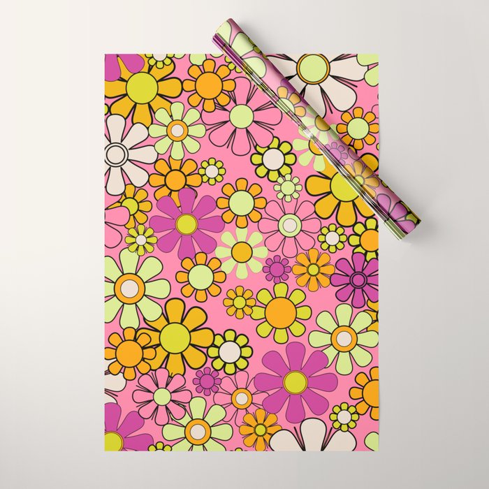 Groovy Floral Retro Garden 60s 70s Flower Pattern Pink Orange Yellow Wrapping Paper Gallery Image 1