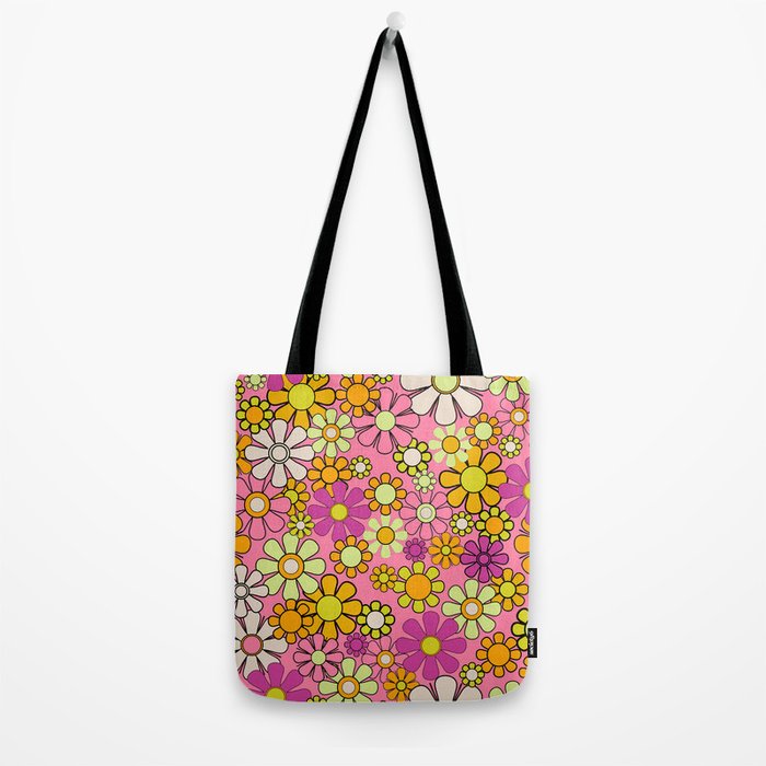 Groovy Floral Retro Garden 60s 70s Flower Pattern Pink Orange Yellow Tote Bag Gallery Image 2