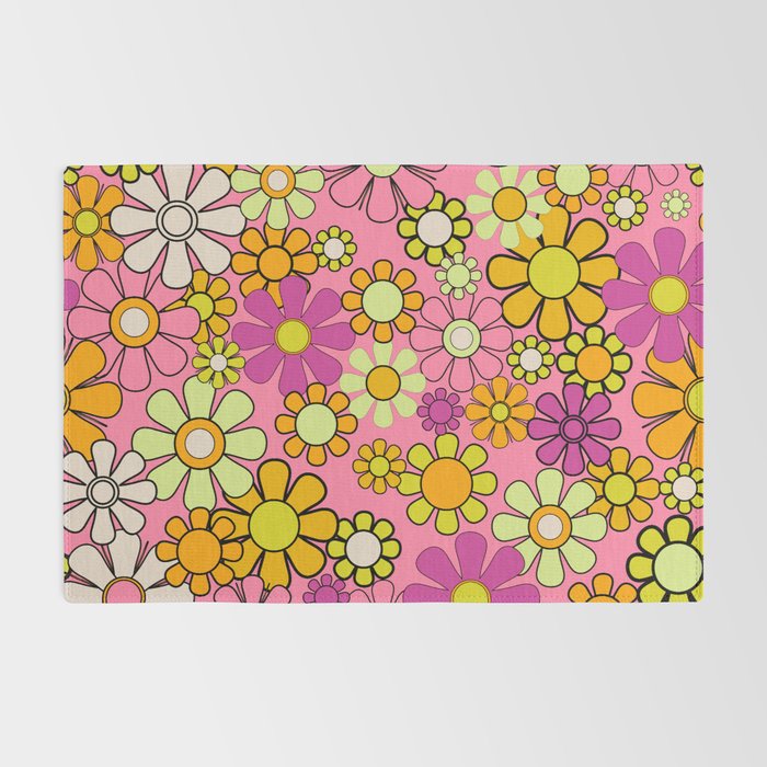 Groovy Floral Retro Garden 60s 70s Flower Pattern Pink Orange Yellow Rug Gallery Image 2