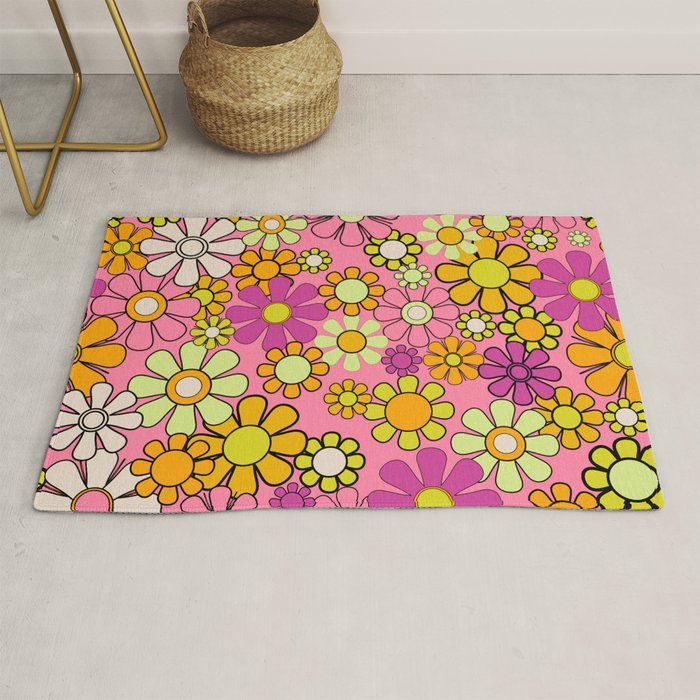 Groovy Floral Retro Garden 60s 70s Flower Pattern Pink Orange Yellow Rug Gallery Image 1