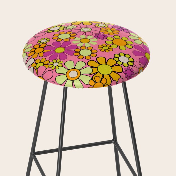 Groovy Floral Retro Garden 60s 70s Flower Pattern Pink Orange Yellow Stool Gallery Image 2