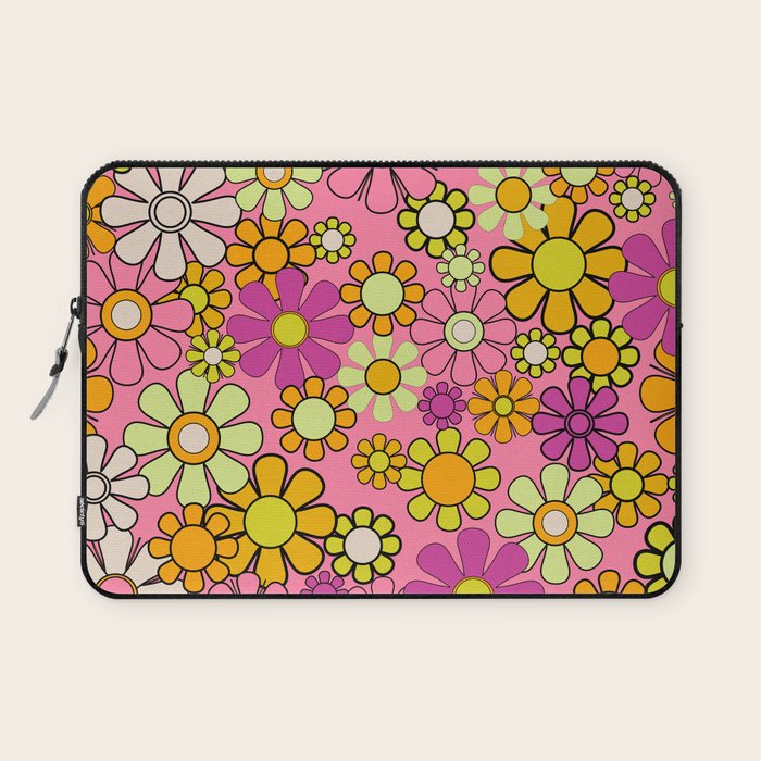 Groovy Floral Retro Garden 60s 70s Flower Pattern Pink Orange Yellow Laptop Sleeve Gallery Image 1