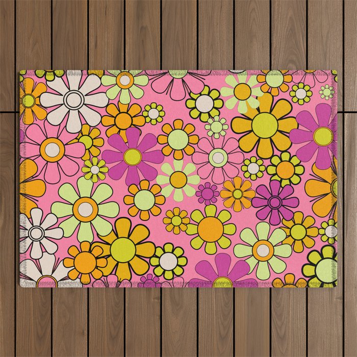 Groovy Floral Retro Garden 60s 70s Flower Pattern Pink Orange Yellow Outdoor Rug Gallery Image 1
