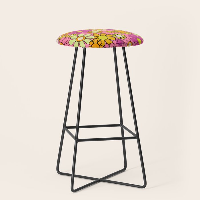 Groovy Floral Retro Garden 60s 70s Flower Pattern Pink Orange Yellow Stool Gallery Image 1