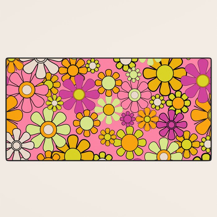 Groovy Floral Retro Garden 60s 70s Flower Pattern Pink Orange Yellow Desk Mat Gallery Image 3