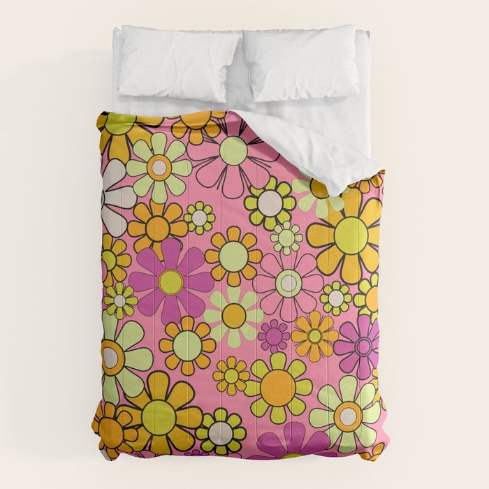 Groovy Floral Retro Garden 60s 70s Flower Pattern Pink Orange Yellow Comforter Gallery Image 1