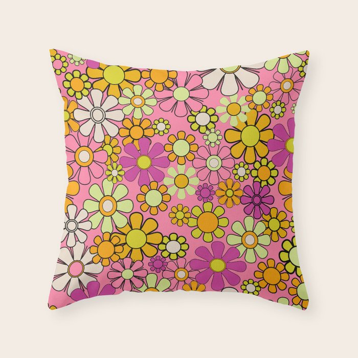 Groovy Floral Retro Garden 60s 70s Flower Pattern Pink Orange Yellow Throw Pillow Gallery Image 6