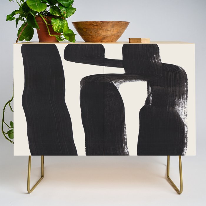 Mid Century Modern Minimalist Abstract Art Brush Strokes Black & White Ink Art Ancient Stripes Credenza Gallery Image 1