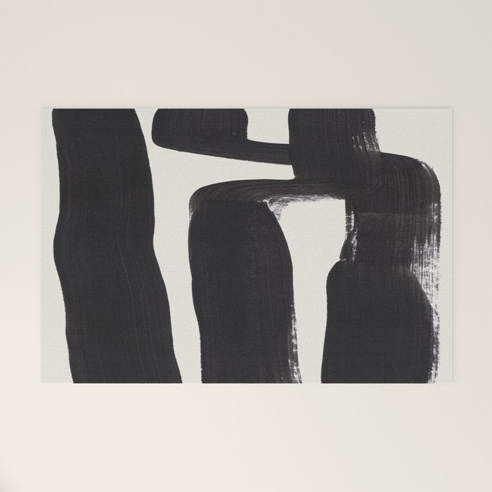 Mid Century Modern Minimalist Abstract Art Brush Strokes Black & White Ink Art Ancient Stripes Welcome Mat Gallery Image 1