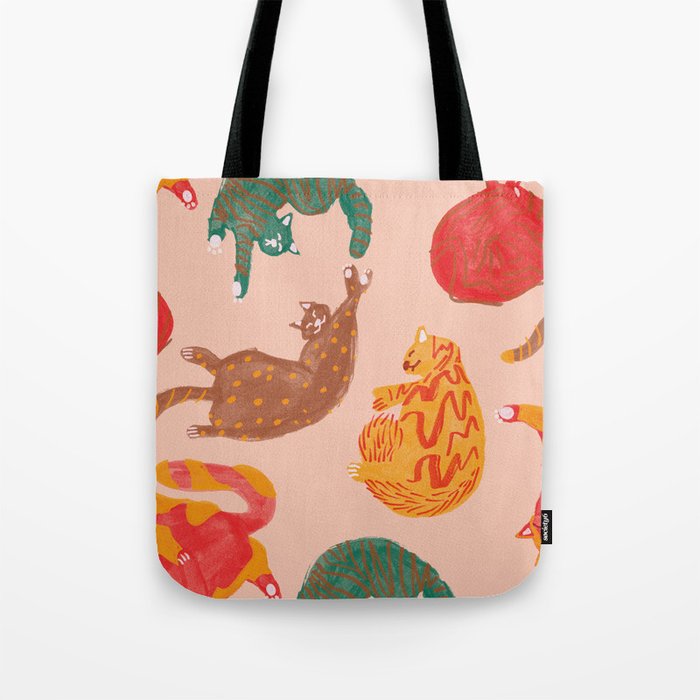 Sleepy Cozy Kitty Cats in Green & Orange Tote Bag Gallery Image 1