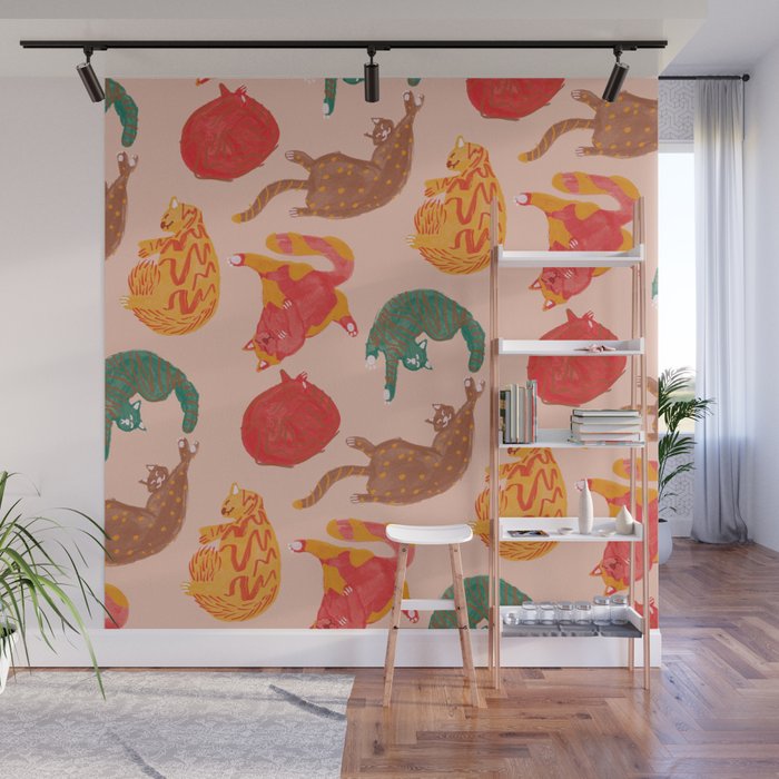 Sleepy Cozy Kitty Cats in Green & Orange Wall Mural Gallery Image 1