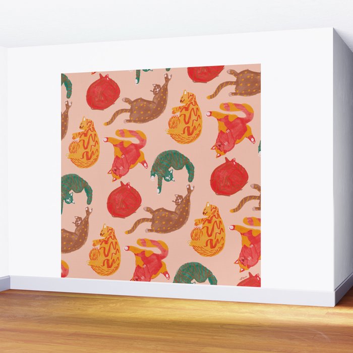Sleepy Cozy Kitty Cats in Green & Orange Wall Mural Gallery Image 2