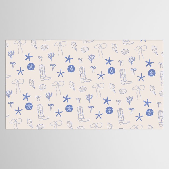 Coastal Cowgirl | Beachy Blue Seashells & Boots Tablecloth Gallery Image 2