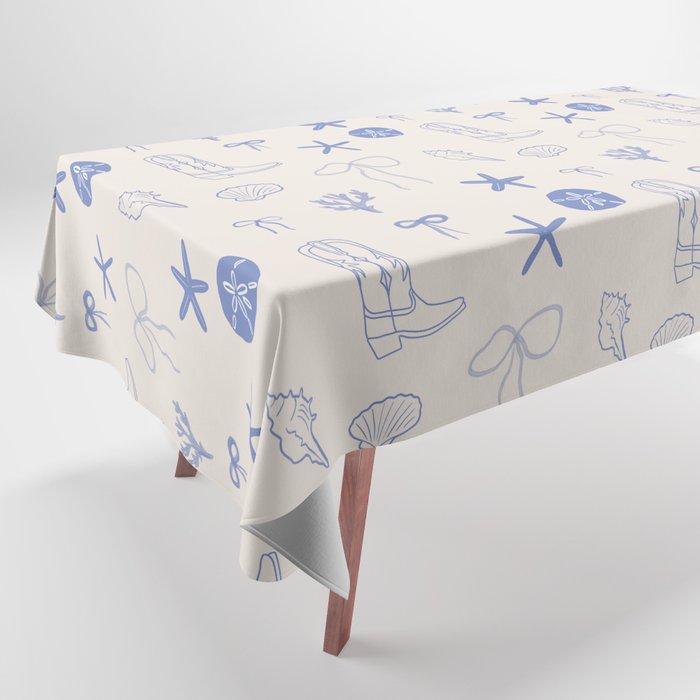 Coastal Cowgirl | Beachy Blue Seashells & Boots Tablecloth Gallery Image 1