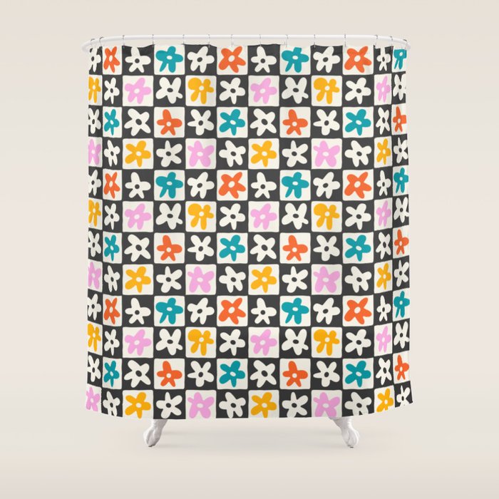 Trendy checkered flower art pattern Shower Curtain Gallery Image 1