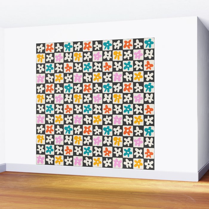 Trendy checkered flower art pattern Wall Mural Gallery Image 2